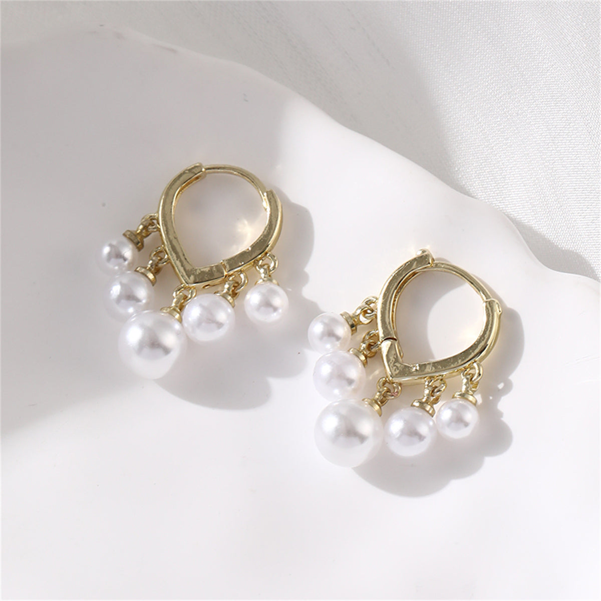 Pearl and 18K Gold-Plated Balls Huggie Earrings, gold huggie earrings, elegant gift for her, front view
