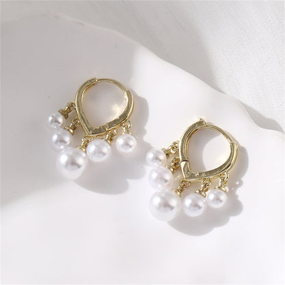 Pearl and 18K Gold-Plated Balls Huggie Earrings, gold huggie earrings, elegant gift for her, front view