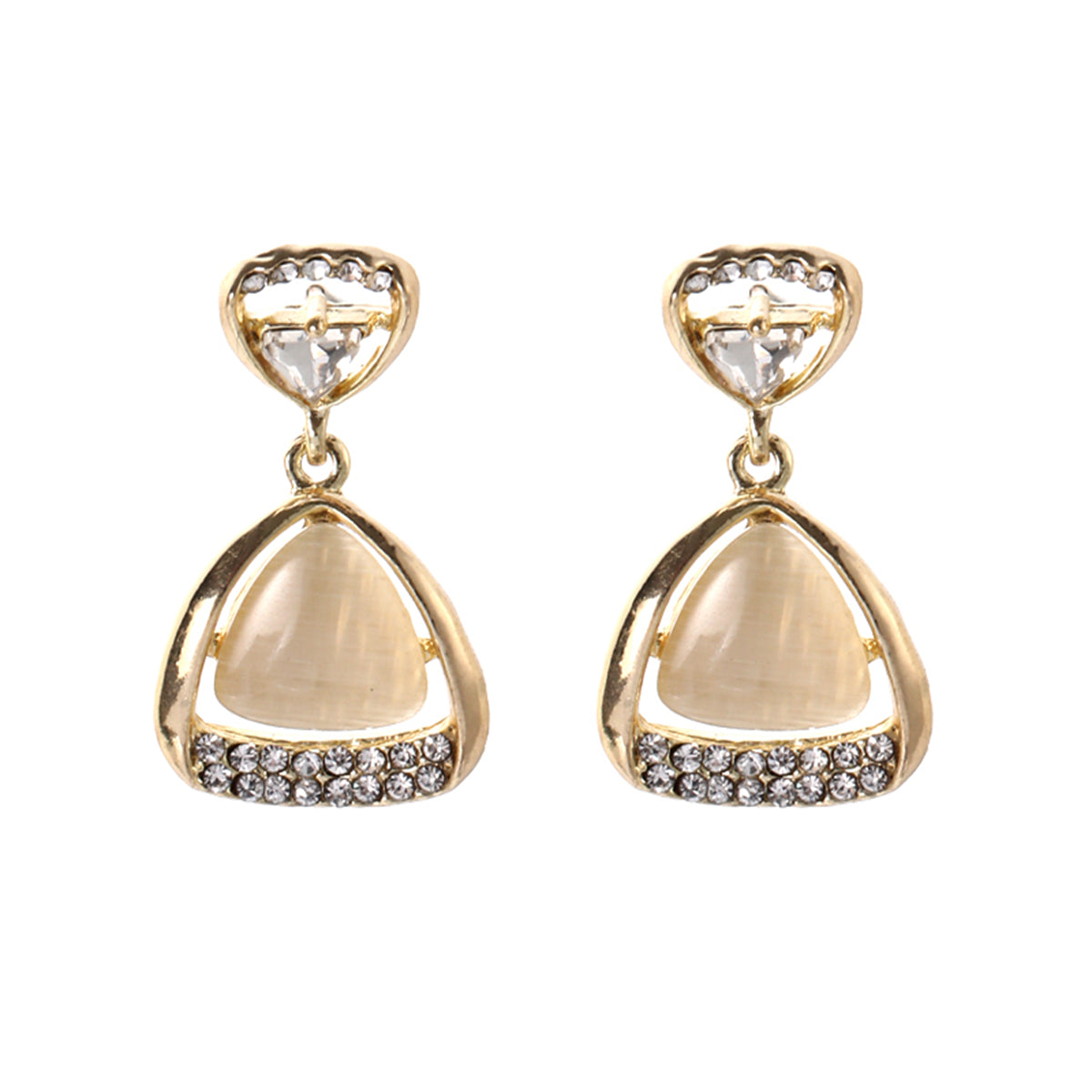 Cats Eye and Crystal 18K Gold-Plated Triangle Drop Earrings, gold drop earrings for women, front view