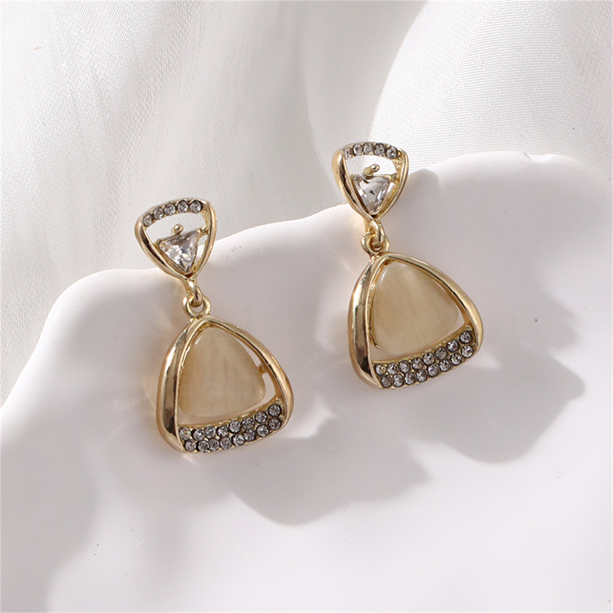 Cats Eye and Crystal 18K Gold-Plated Triangle Drop Earrings, gold drop earrings for women, vintage-inspired design, side view