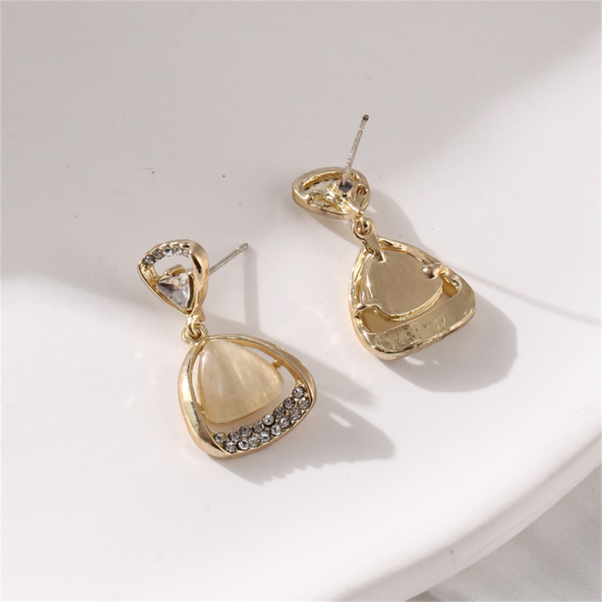Cats Eye and Crystal 18K Gold-Plated Triangle Drop Earrings, gold drop earrings for women, lifestyle look