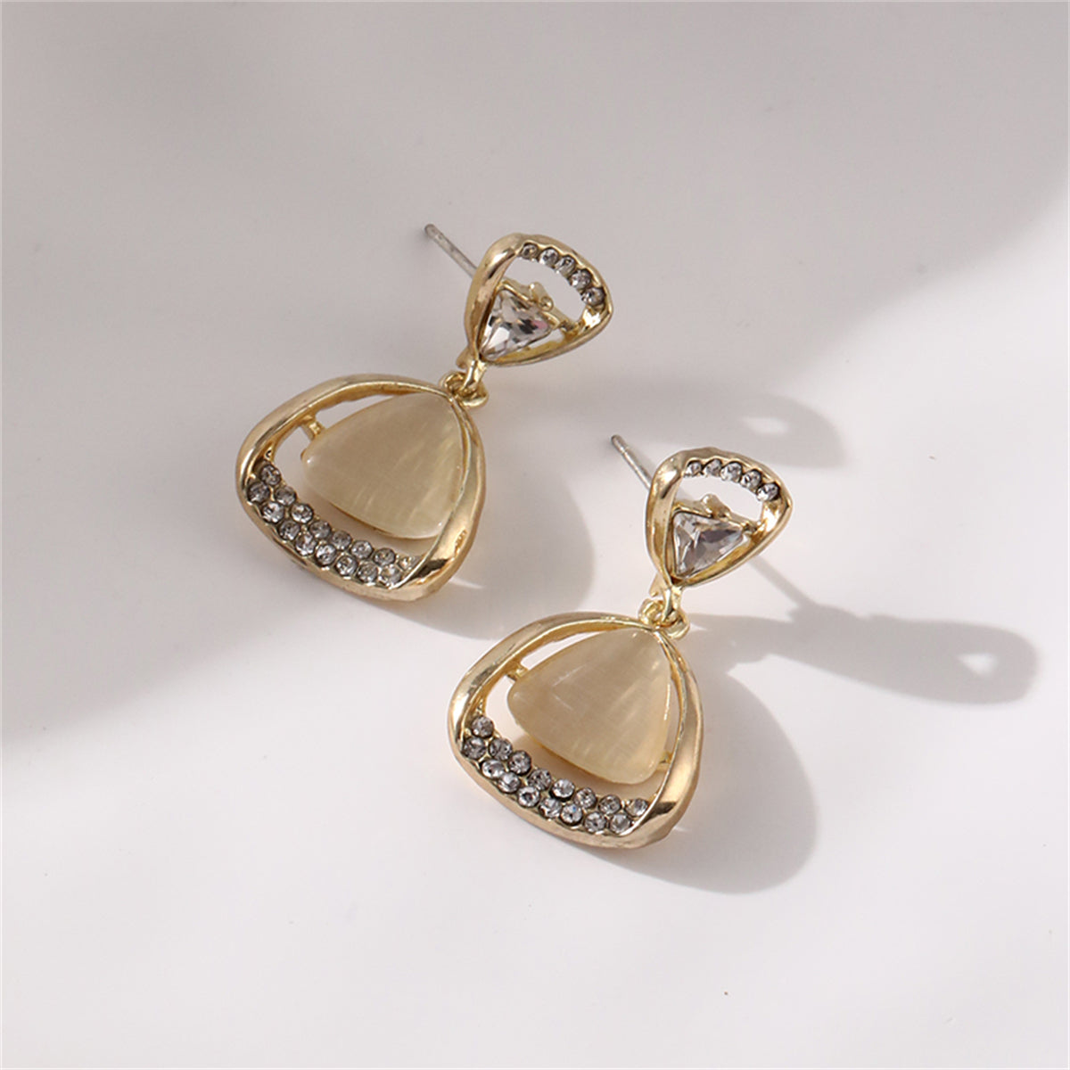 Cats Eye and Crystal 18K Gold-Plated Triangle Drop Earrings, gold drop earrings for women, detail close-up