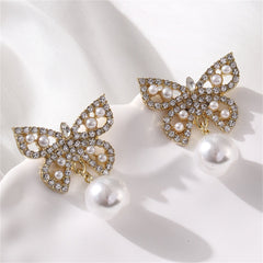 Pearl & Cubic Zirconia 18K Gold-Plated Butterfly Drop Earrings