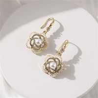 Imitation Pearl & Cubic Zirconia Camellia Drop Earrings