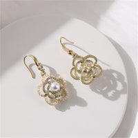 Imitation Pearl & Cubic Zirconia Camellia Drop Earrings