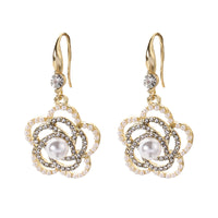 Imitation Pearl & Cubic Zirconia Camellia Drop Earrings