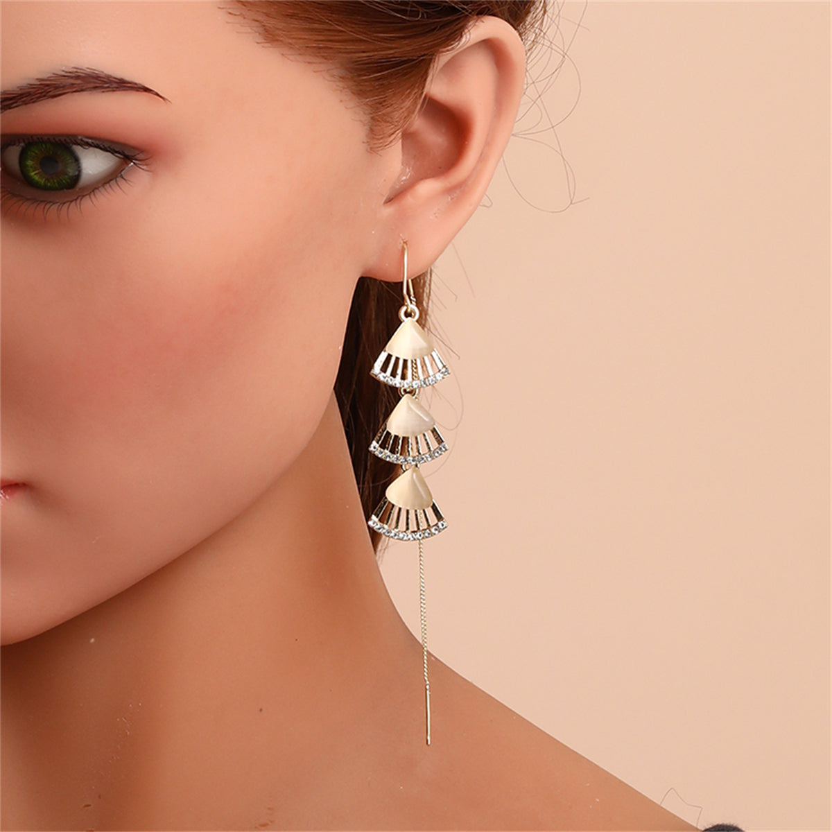 Cats Eye & Cubic Zirconia Fans Asymmetrical Threader Earrings