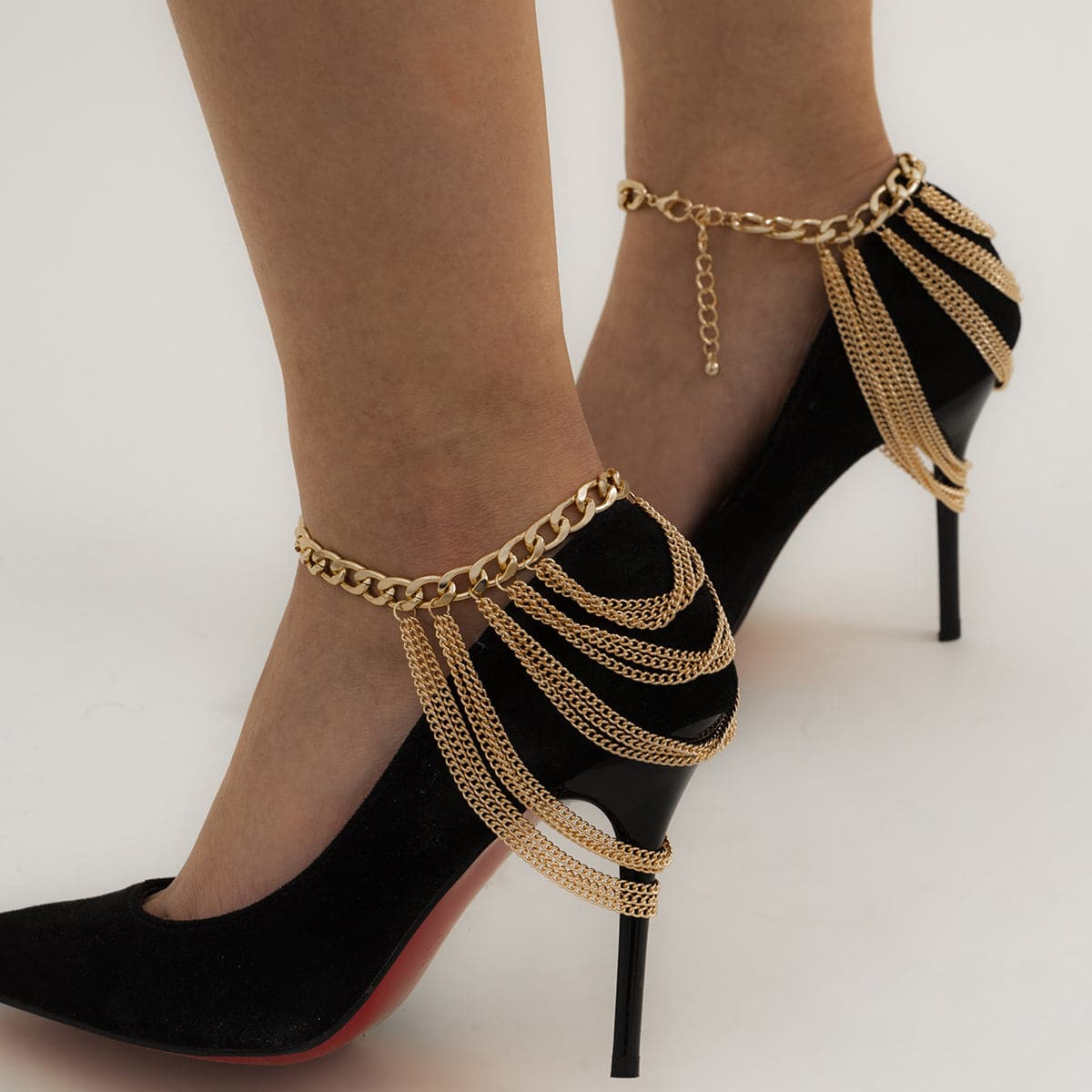 18K Gold-Plated Figaro Layered Tassel Anklet, gold anklet bracelet, dainty minimalist design, lifestyle look