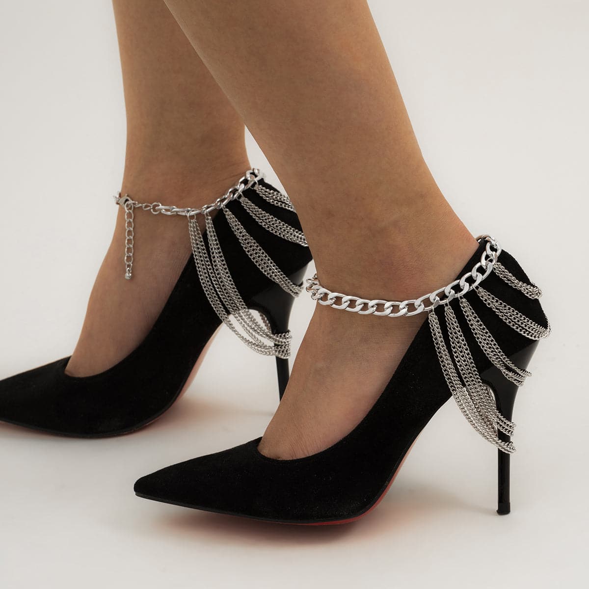 Silver-Plated Figaro Layered Tassel Anklet, silver anklet bracelet, everyday style, detail close-up