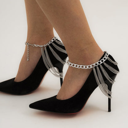 Silver-Plated Figaro Layered Tassel Anklet, silver anklet bracelet, everyday style, detail close-up