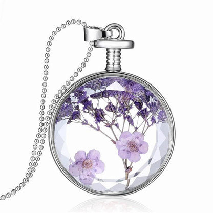 Purple Peach Blossom & Silver-Plated Round Pendant Necklace