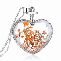 Orange Gypsophila & Silvertone Heart Pendant Necklace