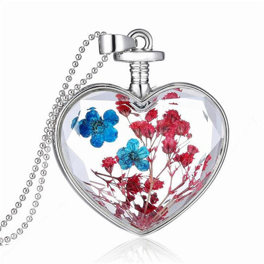 Pink and Blue Peach Blossom Heart Pendant Necklace, pendant necklace for women, vintage-inspired design, front view