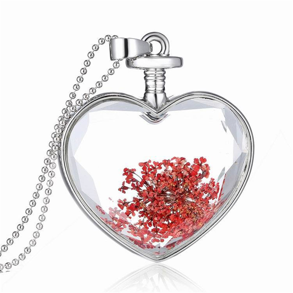 Red Gypsophila & Resin Heart Pendant Necklace