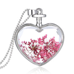 Rose Gypsophila & Silver-Plated Pressed Flower Heart Pendant Necklace