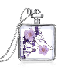 Purple Pressed Peach Blossom & Silver-Plated Square Pendant Necklace