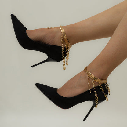 18K Gold-Plated Snake Chain Layered-Tassel Anklet, gold anklet bracelet, vintage-inspired design, side view