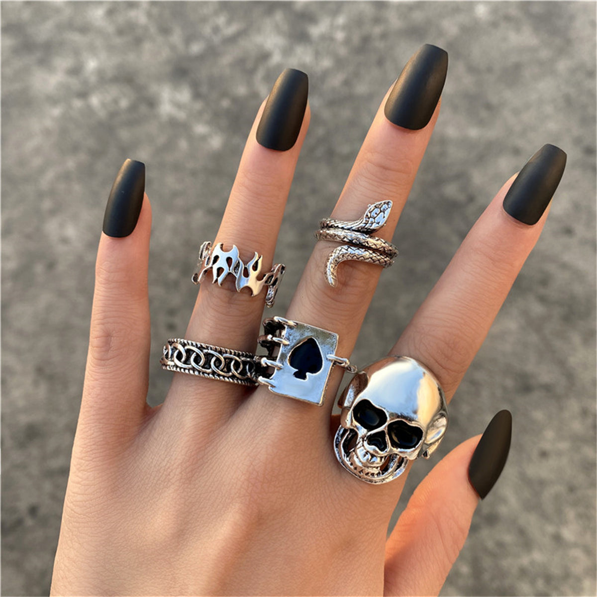 Silver-Plated Oxidized Skull Ring Set, jewelry gift sets for women, elegant gift for her, front view