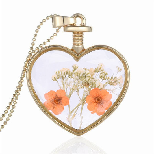 Yellow Pressed Flower and 18K Gold-Plated Heart Pendant Necklace, gold pendant necklace for women, front view