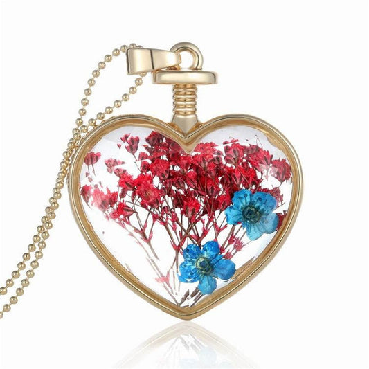 Blue and 18K Gold-Plated Pressed Flower Heart Pendant Necklace, gold pendant necklace for women, everyday style, front view