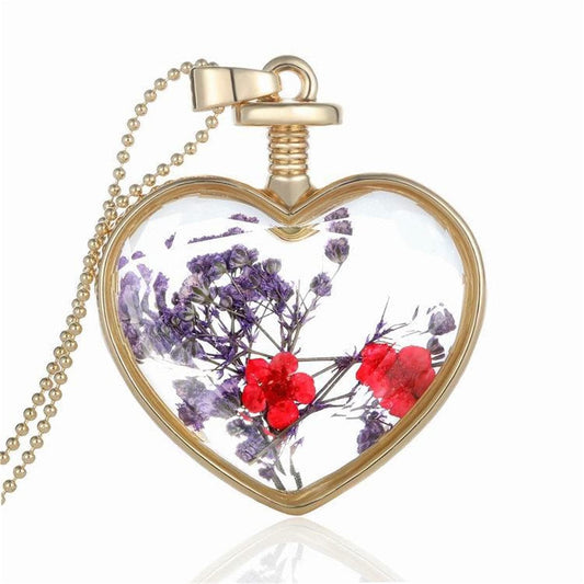 Purple Pressed Flower and 18K Gold-Plated Heart Pendant Necklace, gold pendant necklace for women, front view