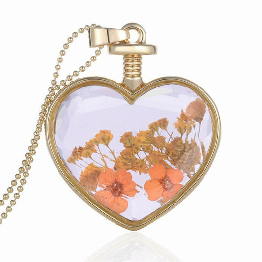Peach Pressed Flower and 18K Gold-Plated Heart Pendant Necklace, gold pendant necklace for women, front view