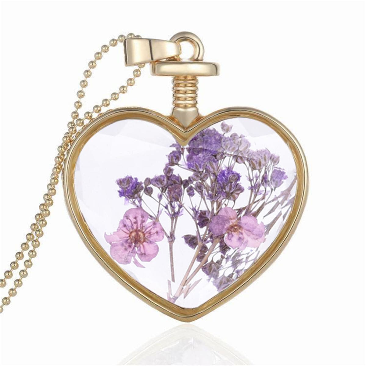 Light Purple Pressed Flower and 18K Gold-Plated Heart Pendant Necklace, gold pendant necklace for women, front view