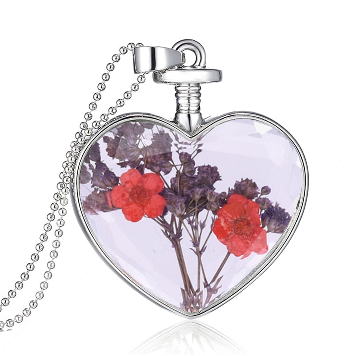 Red Pressed Peach Blossom and Silver-Plated Heart Pendant Necklace, silver pendant necklace for women, front view