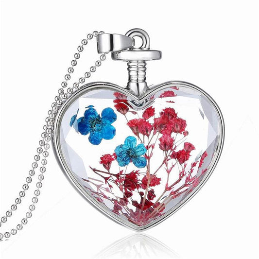 Blue Pressed Peach Blossom and Silver-Plated Heart Pendant Necklace, silver pendant necklace for women, front view