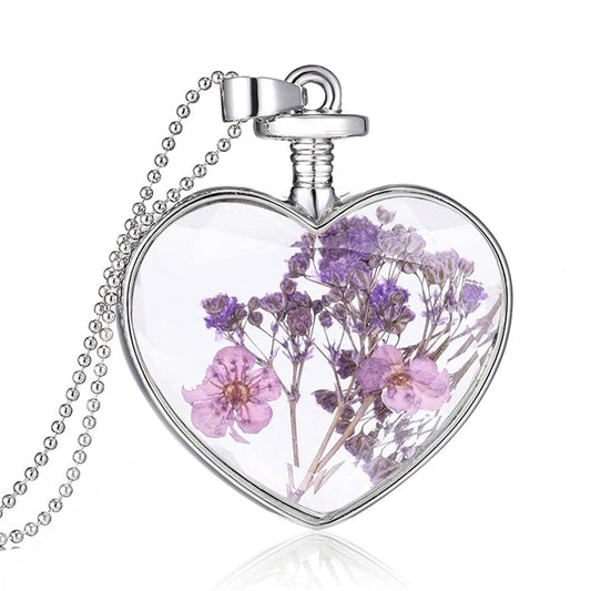 Purple Pressed Peach Blossom and Silver-Plated Heart Pendant Necklace, silver pendant necklace for women, front view