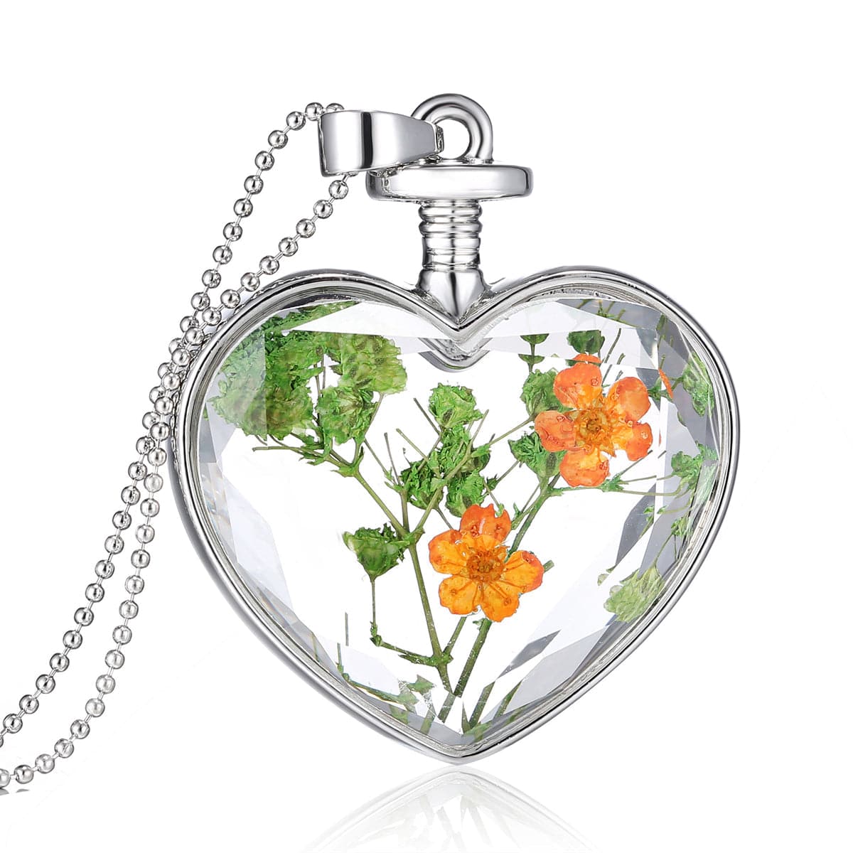Pressed Peach Blossom and Silver-Plated Heart Pendant Necklace, silver pendant necklace for women, everyday style, front view