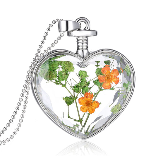 Pressed Peach Blossom and Silver-Plated Heart Pendant Necklace, silver pendant necklace for women, everyday style, front view