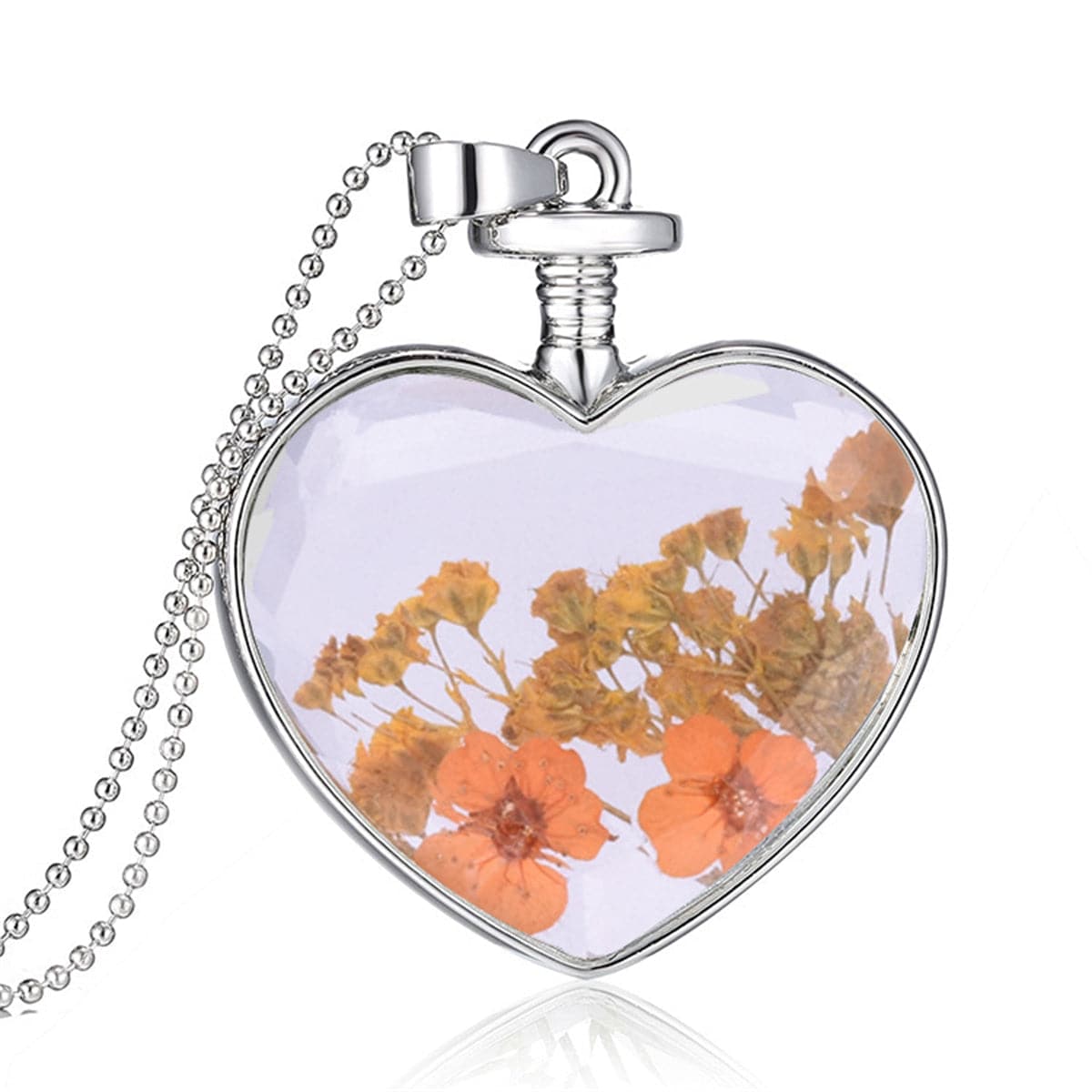 Yellow Pressed Peach Blossom and Silver-Plated Heart Pendant Necklace, silver pendant necklace for women, front view