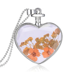 Yellow Pressed Peach Blossom & Silver-Plated Heart Pendant Necklace