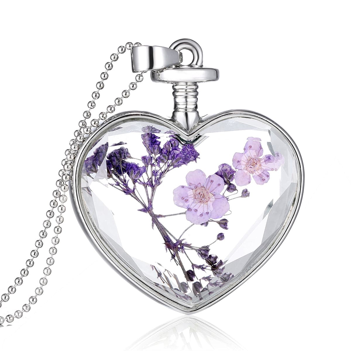 Purple Pressed Peach Blossom and Silver-Plated Heart Pendant Necklace, silver pendant necklace for women, side view