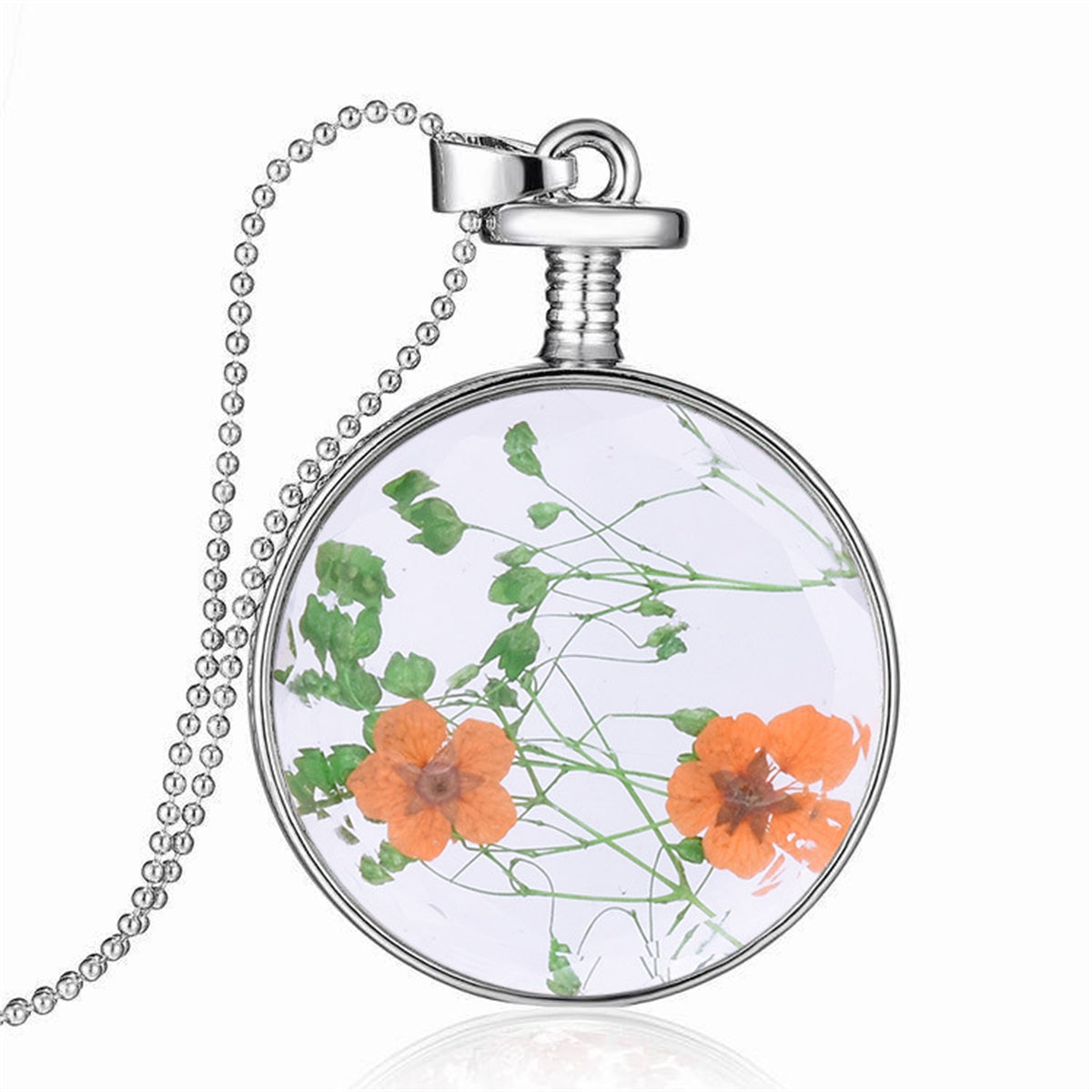 Peach Pressed Flower and Silver-Plated Round Pendant Necklace, silver pendant necklace for women, front view