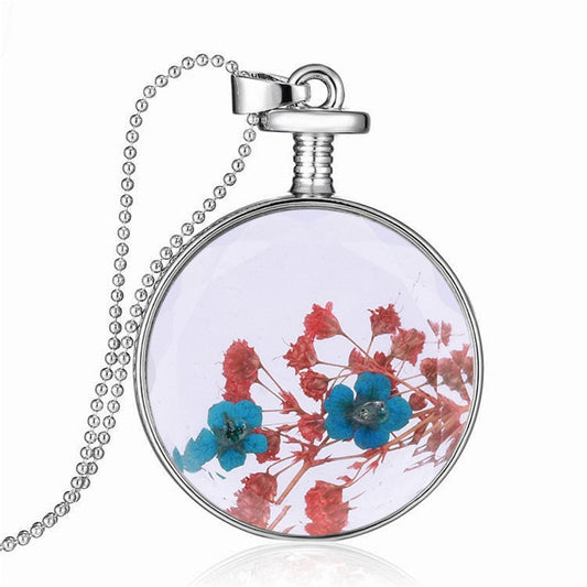 Purple and Red Pressed Peach Flower Round Pendant Necklace, pendant necklace for women, dainty minimalist design, front view
