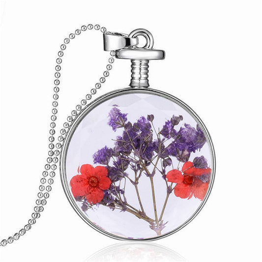 Red and Purple Pressed Peach Flower Round Pendant Necklace, pendant necklace for women, vintage-inspired design, front view