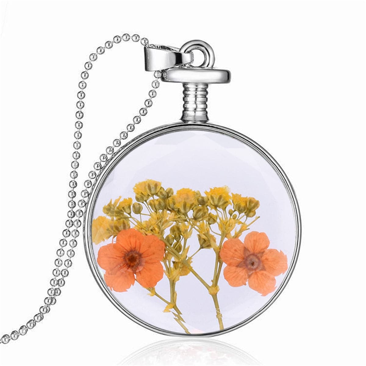 Yellow and Peach Pressed Flower Round Pendant Necklace, pendant necklace for women, botanical inspired, front view