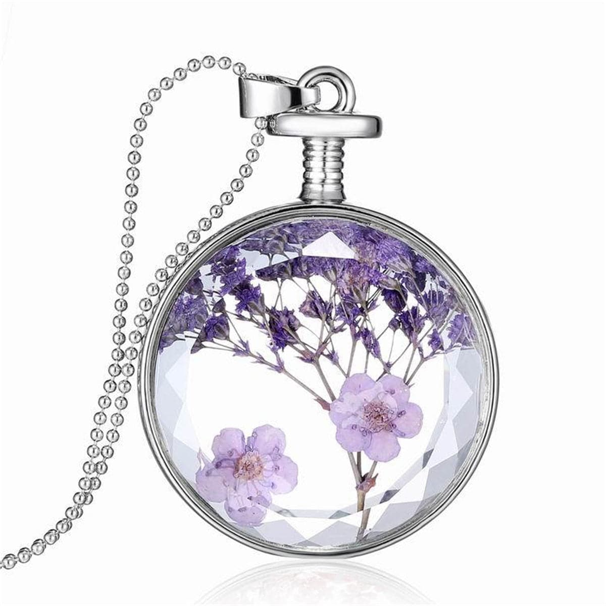 Purple Peach Flower and Silver-Plated Round Pendant Necklace, silver pendant necklace for women, side view