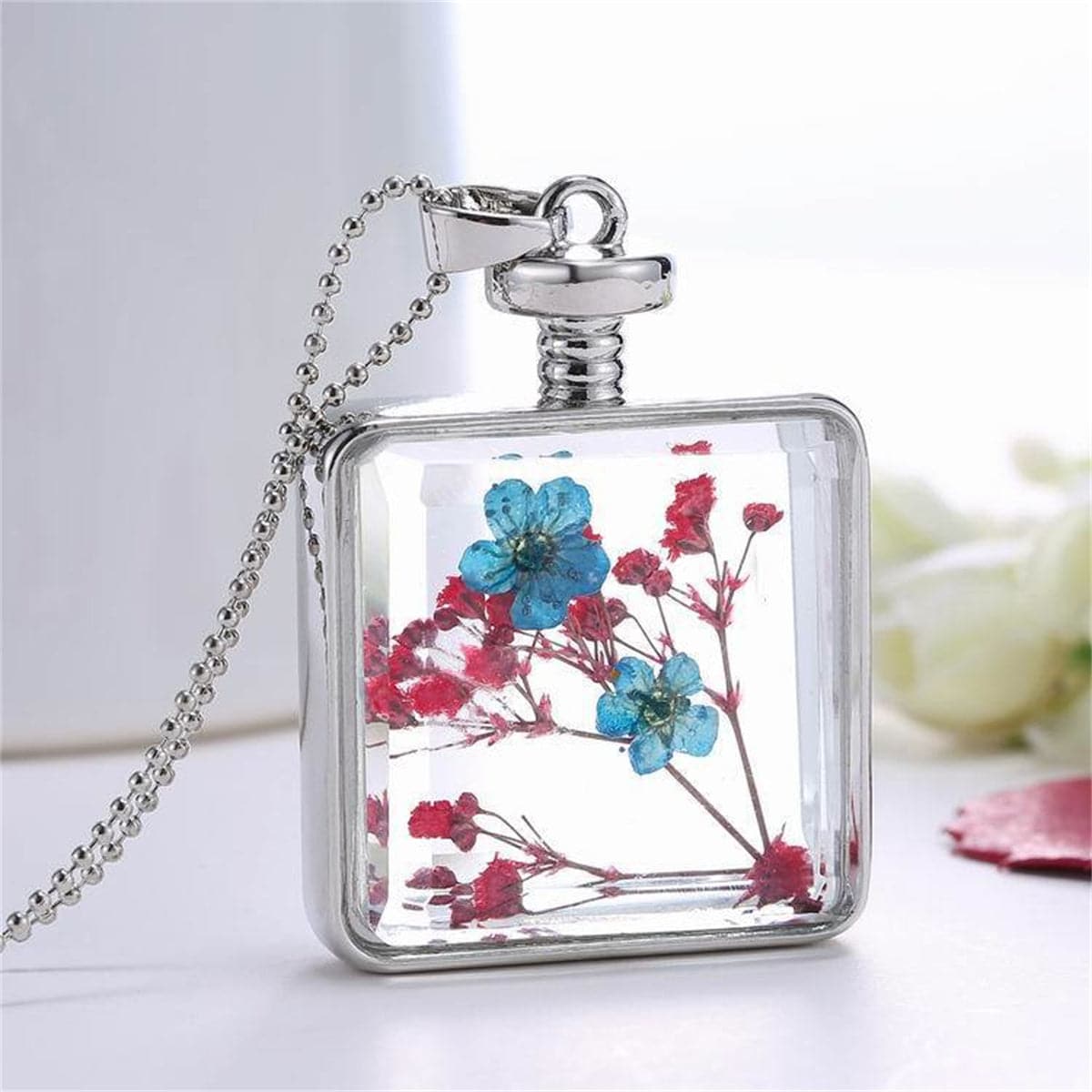 Blue and Red Pressed Flower Square Pendant Necklace, pendant necklace for women, botanical inspired, front view
