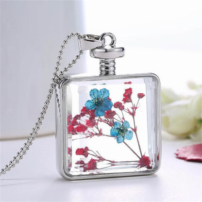 Blue and Red Pressed Flower Square Pendant Necklace, pendant necklace for women, botanical inspired, front view