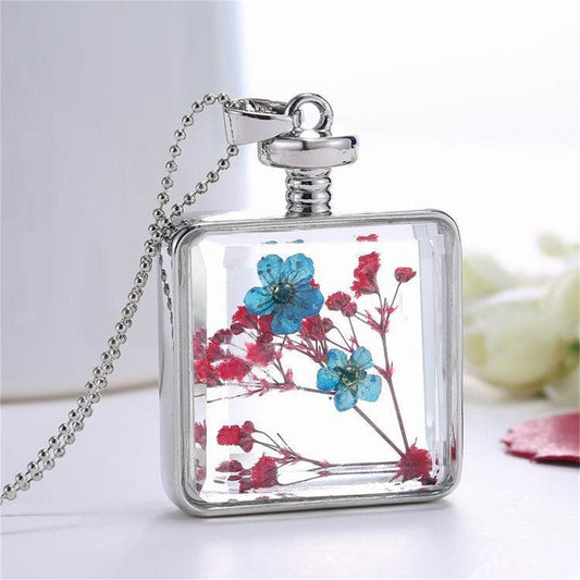 Blue and Red Pressed Flower Square Pendant Necklace, pendant necklace for women, botanical inspired, front view