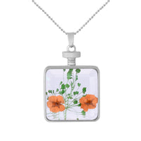 Peach & Silver-Plated Pressed Flower Square Pendant Necklace