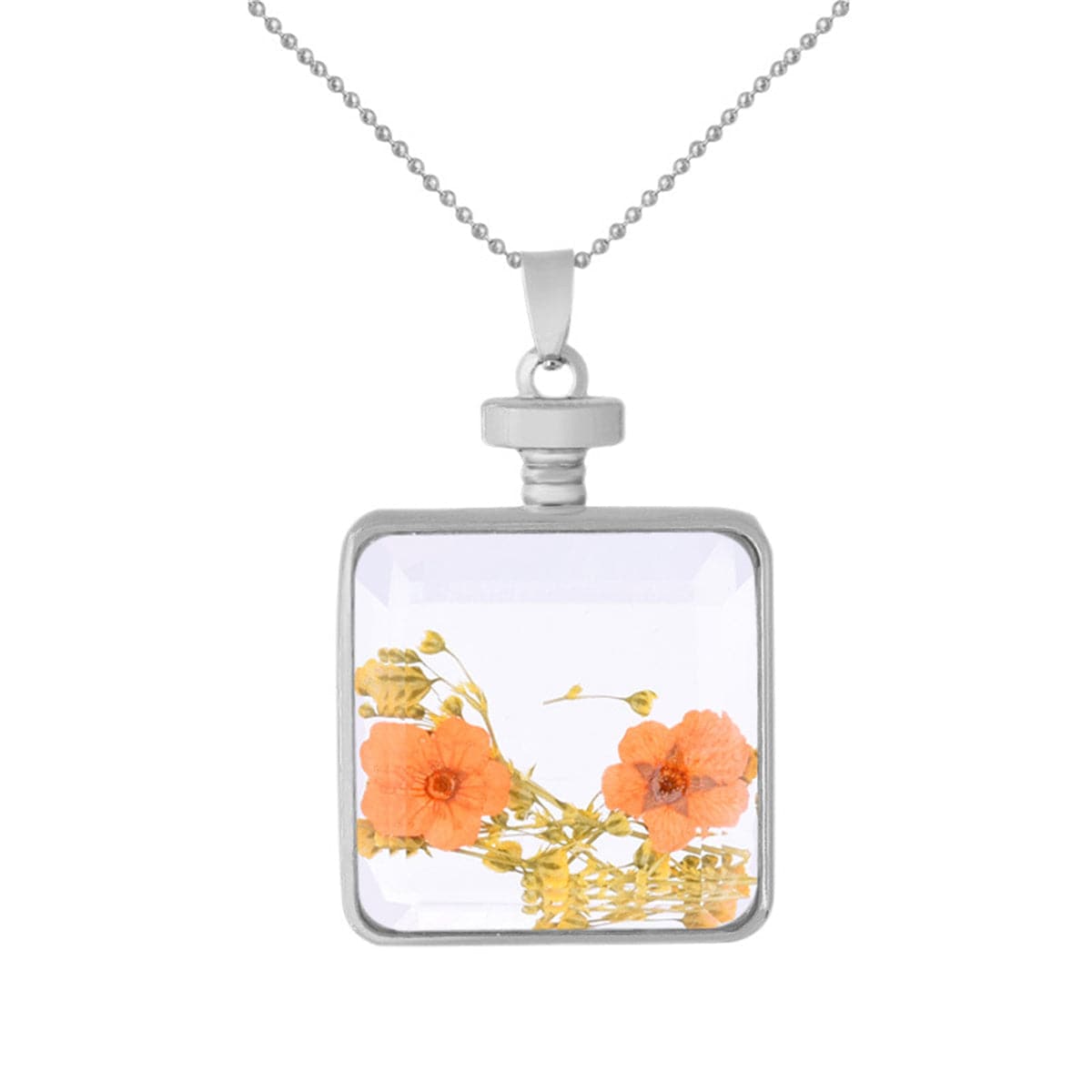 Yellow and Silver-Plated Pressed Flower Square Pendant Necklace, silver pendant necklace for women, front view