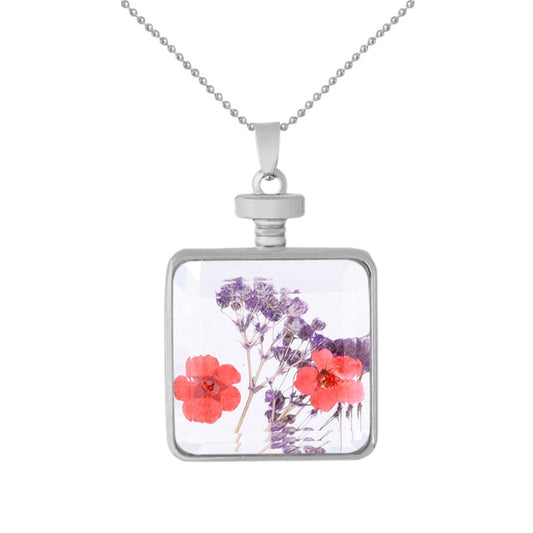 Red and Purple Pressed Flower Silver-Plated Square Pendant Necklace, silver pendant necklace for women, front view