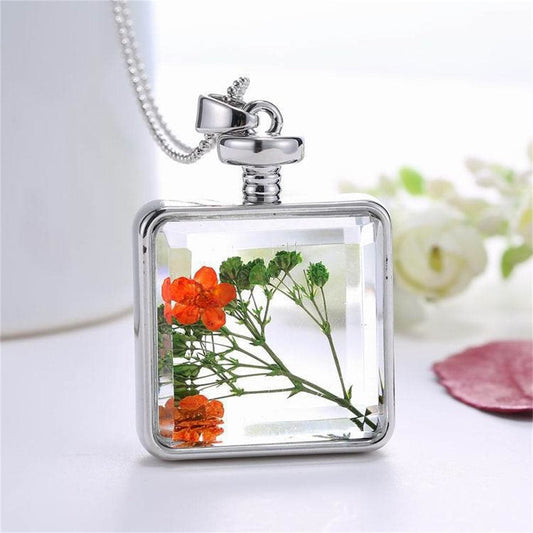 Green Pressed Flower and Silver-Plated Square Pendant Necklace, silver pendant necklace for women, everyday style, front view