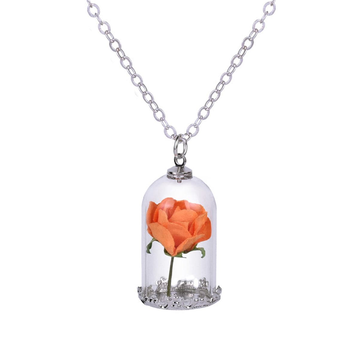 Silver-Plated & Orange Velvet Rose Pendant Necklace