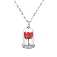 Silver-Plated & Red Velvet Rose Pendant Necklace