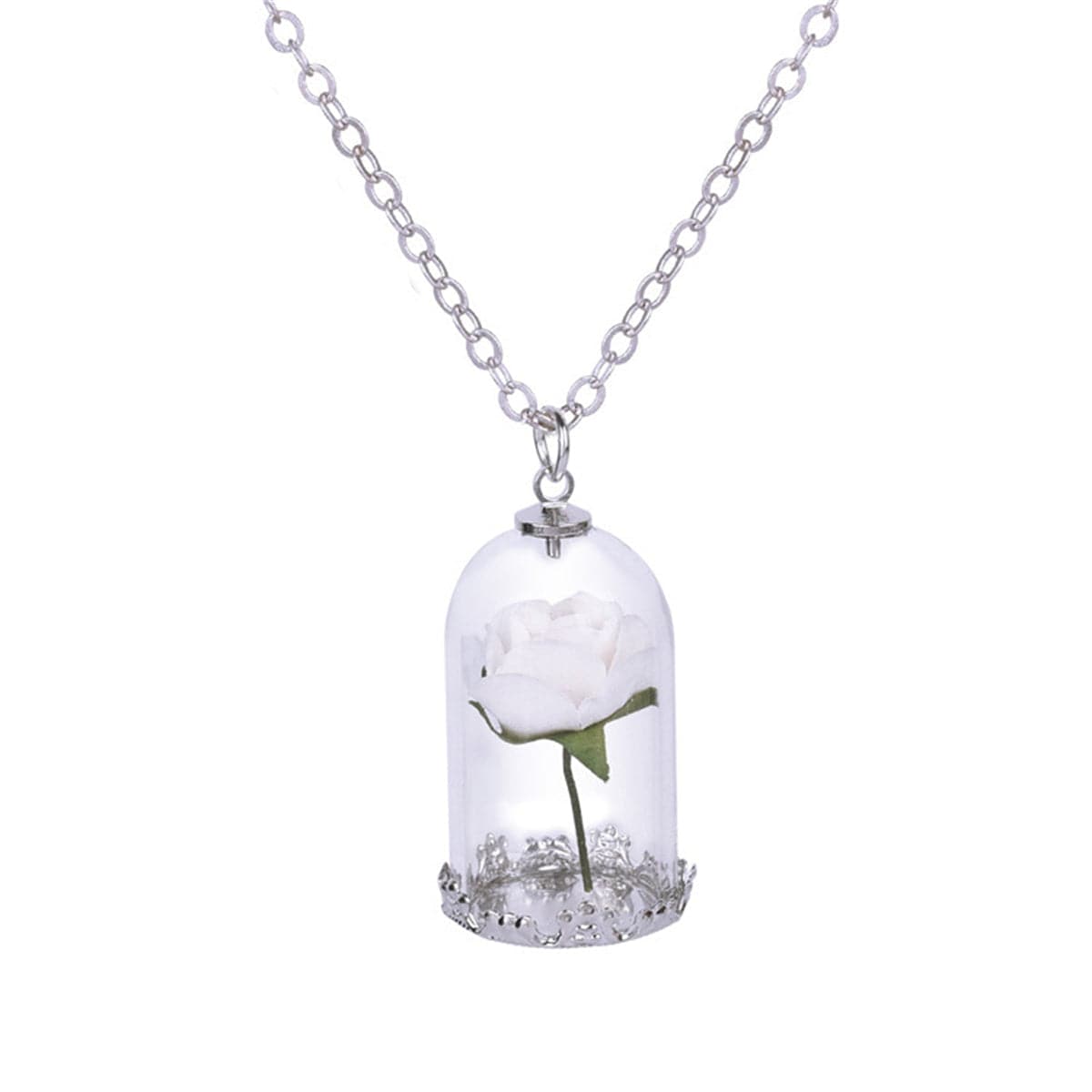 Silver-Plated & White Velvet Rose Pendant Necklace